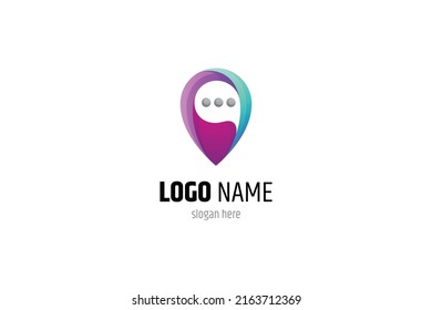 logotipo de chat y pin de ubicación. diseño sencillo, literal, moderno y tridimensional. adecuado para compartir la ubicación, marca de lugar, gps.