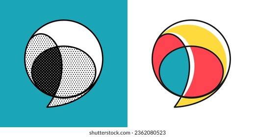Chat logo. Optical illusion sign. Retro 3D icons set with black and white polka dots and colored options. Vector impossible shape for halftone label, crypto company, game branding, vintage posters