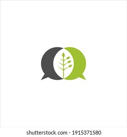 Chat Logo.with Communication Icon and Green Leaf Vector Design