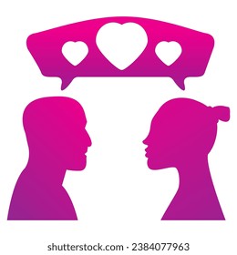 Chat love. Chat heart.Talk love.Man and woman lovers couple texting messages chatting.Love couple talking.Online dating service application.Love messages heart shaped Valentine Day.Vector flat.