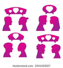 Chat love. Chat heart.Talk love.Man and woman lovers couple texting messages chatting.Love couple talking.Online dating service application.Love messages heart shaped Valentine Day.Vector flat.