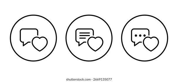 Conjunto de iconos de amor de chat en contorno circular. Mensaje burbuja con símbolo de corazón. Concepto de actividad y notificación