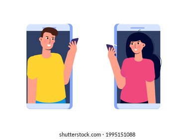 Amantes del chat. Gente charlando usando aplicaciones móviles. Red social, concepto de citas en línea. Ilustración vectorial.
