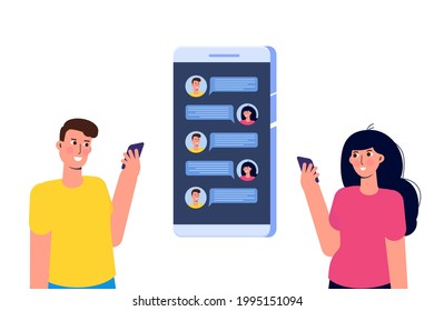 Chat lovers. People chatting using mobile application. Social network, Online Dating concept. Vector illustration.
