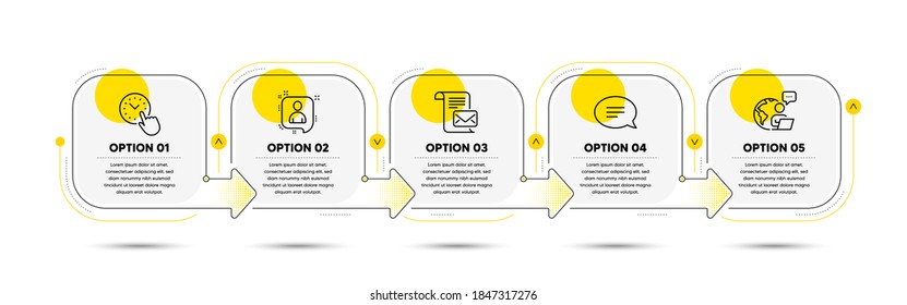 Chat-, Mail-Brief- und Entwickler-Chat-Line-Symbole gesetzt. Ablaufdiagramm für den Zeitstrahl. Zeitmanagement-Zeichen. Sprechblase, E-Mail lesen, Vortrag Manager. Bürouhr. Bildungsstand. Vektorgrafik