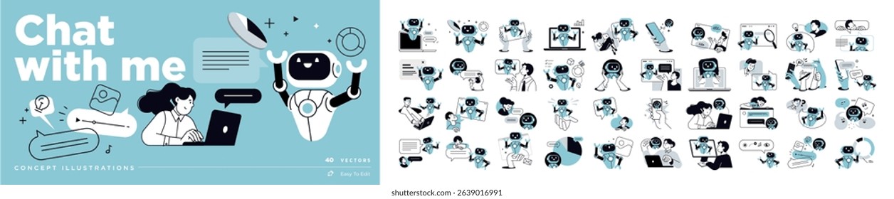 Chat with me vector illustrations. Concepts of online communication, chat ai, chatbot, ai virtual assistant, video and image generator, chatting, support, Artificial Intelligence technology.