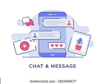 Chat and Message bubble chat video picture on display smartphone screen white isolated background with flat outline style