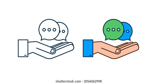 Chat Message Bubbles icon hanging over hands on white background. Vector stock illustration.
