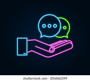 Mensaje de chat Bubbles un icono de neón colgando de las manos sobre fondo blanco. Ilustración de material vectorial.