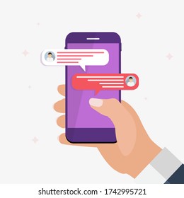 Chat-Nachrichten bläst auf Smartphone-Bildschirm, Social Networ-Konzept. Vector-Abbildung. EPS10