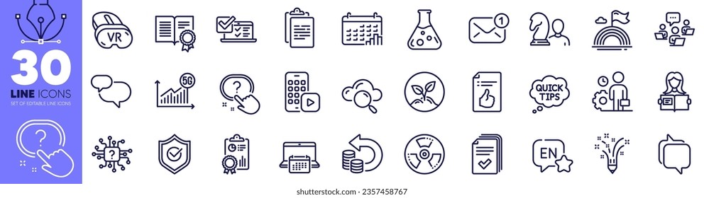Chat message, Calendar graph and Inspect line icons pack. Vr, Startup, Chemical hazard web icon. Clipboard, Online survey, New message pictogram. Artificial intelligence, Inspiration. Vector