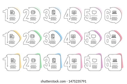 Chat message, Checklist and Calculator alarm line icons set. Infographic timeline. Web analytics, Smartphone sms and Online video signs. Speech bubble, Graph report, Accounting. Statistics. Vector