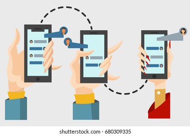 Chat and message concept. Cartoon flat illustration of male and female hands holding smartphone with sms bubbles on mobile screen. Vector isolated on background.