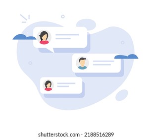 Chat message concept vector bubble speech as online talk person man and woman, flat cartoon dialog comments abstract illustration, illustrated sms text messaging, modern conversation graphic  