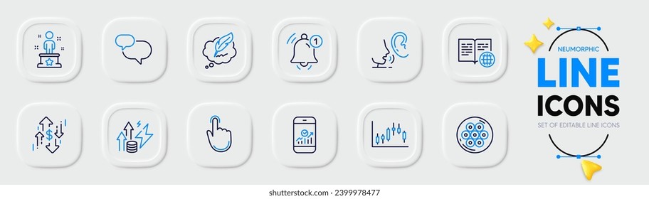 Chat message, Copyright chat and Reminder line icons for web app. Pack of Cable section, Dollar rate, Hand click pictogram icons. Smartphone statistics, Internet book, Energy inflation signs. Vector