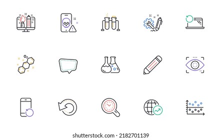 Chat message, Creative design and Chemistry lab line icons for website, printing. Collection of Engineering, Eye detect, Recovery phone icons. Cyber attack, Time management. Vector