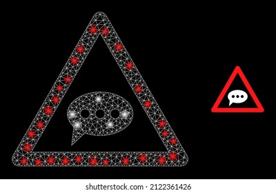 Chat message danger icon and constellation mesh net chat message danger model with flare spots. Illuminated model created from chat message danger vector icon and polygonal mesh.