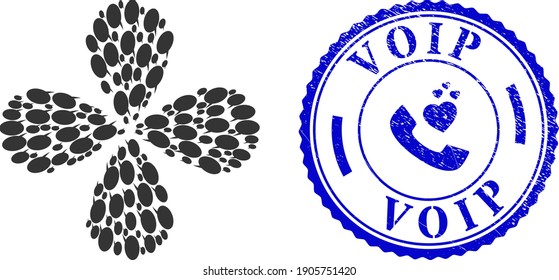 Chat message exploding flower with four petals, and blue round VOIP textured badge with icon inside. Object flower with 4 petals done from oriented chat message items.