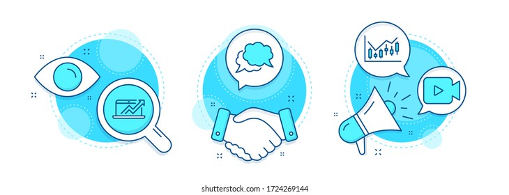Chat message, Financial diagram and Sales diagram line icons set. Handshake deal, research and promotion complex icons. Video camera sign. Speech bubble, Candlestick chart, Sale growth chart. Vector
