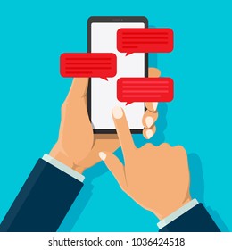 Chat message icon notification on smartphone isolated on color background. Businessman hand chatting on phone with bubble speech in business talking, speak and conversation concept. Flat design.