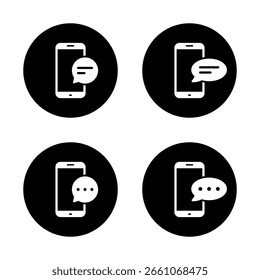 Icono de mensaje de chat en la pantalla del teléfono inteligente. Teléfono móvil con el símbolo de la burbuja del discurso en círculo negro