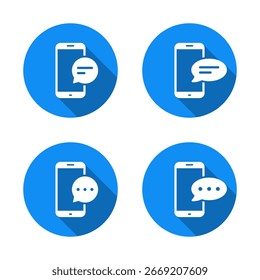 Icono de mensaje de chat en la pantalla del teléfono inteligente con sombra larga. Teléfono móvil con el símbolo de la burbuja del discurso