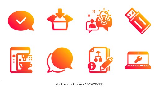 Chat message, Idea and Coffee maker line icons set. Algorithm, Get box and Approved message signs. Usb flash, Laptop repair symbols. Speech bubble, Solution. Technology set. Vector