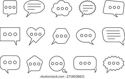 Conjunto De Ícones De Linha De Mensagem De Chat. Balão de Fala, Caixa de diálogo, caixa de bate-papo, ícone da caixa de mensagem. Balão doodle estilo de símbolo de sinal de pensamento. Ícone de Estrutura de Tópicos de Conversa. Quadro de Comunicação, Discussão e Caixa de Texto.