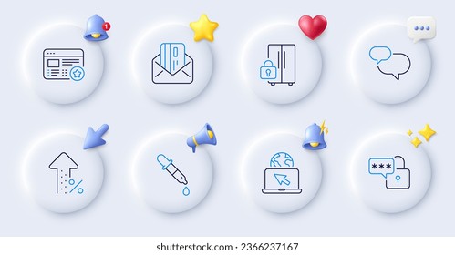 Chat message, Lock and Credit card line icons. Buttons with 3d bell, chat speech, cursor. Pack of Chemistry pipette, Internet, Refrigerator icon. Favorite, Increasing percent pictogram. Vector