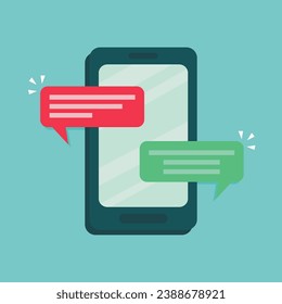 Chat message notification on smartphone vector illustration, designed in simple flat cartoon style. SMS speech bubble.