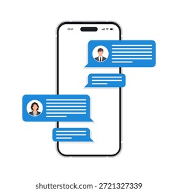 Chat message notification on smartphone vector illustration. chat bubbles displayed on mobile phone screen.
