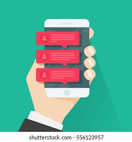 Chat message notifications on mobile phone vector illustration isolated, hand with smartphone and red chatting bubble speeches, concept of person online talking, conversation, dialog