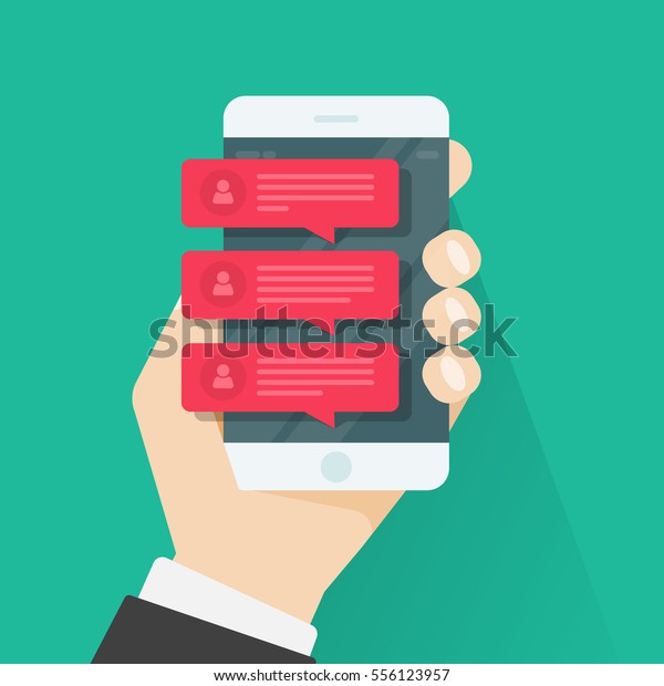 携帯電話のベクター画像イラスト スマートフォンと赤いチャットの吹き出し音声 オンライン通話 会話 対話のコンセプト 会話 対話などのチャットメッセージ通知 のベクター画像素材 ロイヤリティフリー