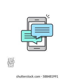 Notificaciones de mensajes de chat sobre el icono del vector de smartphones aislado en blanco, sms de teléfonos móviles, discursos de chats de burbujas, concepto de conversación en línea, hablar, conversación, diálogo, estilo de esquema de línea de iconos