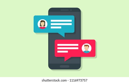 Chat message notifications with text preview of smartphone messenger application. Vector sms bubbles with user profile icons of man and woman