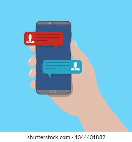 Chat message on smartphone. Mobile phone chatting, people texting cellphone messages and sms messaging bubble text on phones screen, woman and man conversation vector flat illustration.