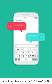 Chat message in phone. Bubble for text in mobile. Chatbot with popup sms in smartphone. Notification in cellphone screen. App for online conversation. Speech or dialog with robot for support. Vector.