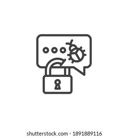 Icono de línea de protección de mensajes de chat. signo de estilo lineal para concepto móvil y diseño web. Icono vectorial del contorno de ataque de ciberseguridad. Símbolo, ilustración del logotipo. Gráficos vectoriales