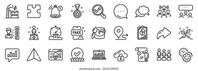 Chat message, Puzzle and Analytics line icons pack. Share, Message, Paper plane icons. Cyber attack, Manual doc, Journey web icon. Equality, Time management, Analytical chat pictogram. Vector