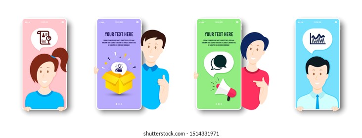 Chat message, Report and Creative idea icons simple set. People on phone screen. Investment sign. Speech bubble, Work statistics, Present box. Economic statistics. Education set. Vector