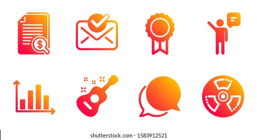 Chat message, Reward and Agent line icons set. Guitar, Approved mail and Diagram graph signs. Financial documents, Chemical hazard symbols. Speech bubble, Best medal. Education set. Vector