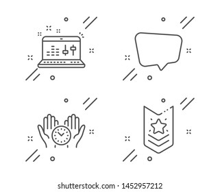 Chat message, Safe time and Sound check line icons set. Shoulder strap sign. Speech bubble, Management, Dj controller. Star rank. Education set. Line chat message outline icon. Vector