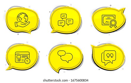  Signo del mensaje de chat. Certificado de diploma, salva burbujas de chat del planeta. Mensajes de chat, temporizador web e iconos de línea de burbuja de presupuesto establecidos. Comunicación, prueba en línea, burbuja de voz. Conjunto tecnológico. Vector