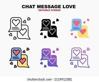 Chat message with smartphone and love heart icon set with different styles. Editable stroke and pixel perfect. Can be used for digital product, presentation, print design and more.