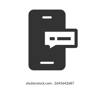 Mensagem de chat sms ícone vetor gráfico sólido glifo, notificação de aviso de push símbolo simples pictograma forma silhueta, preto branco logotipo fala bolha no celular smartphone