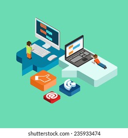 Chat message social media flat 3d isometric pixel art modern design concept vector. People laying on callout signs and chatting on big laptop desktop. Flat web illustration infographics collection.