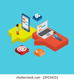 Chat message social media flat 3d isometric pixel art modern design concept vector. People laying on callout signs and chatting on big laptop desktop. Flat web illustration infographics collection.