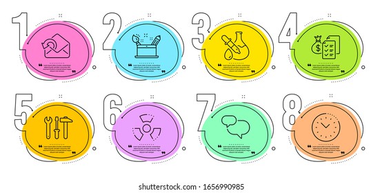 Chat message, Spanner tool and Accounting wealth signs. Timeline steps infographic. Send mail, Chemistry experiment and Creativity concept line icons set. Vector