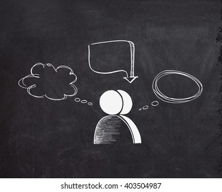 Chat message speech talk text bubble communication icons on blackboard.