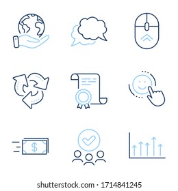 Mensajes de chat, iconos de línea de rotación y reciclaje definidos. Certificado de Diploma, planeta salvado, grupo de personas. Gráfico de crecimiento, transferencia de dinero y signos de sonrisa. Vector